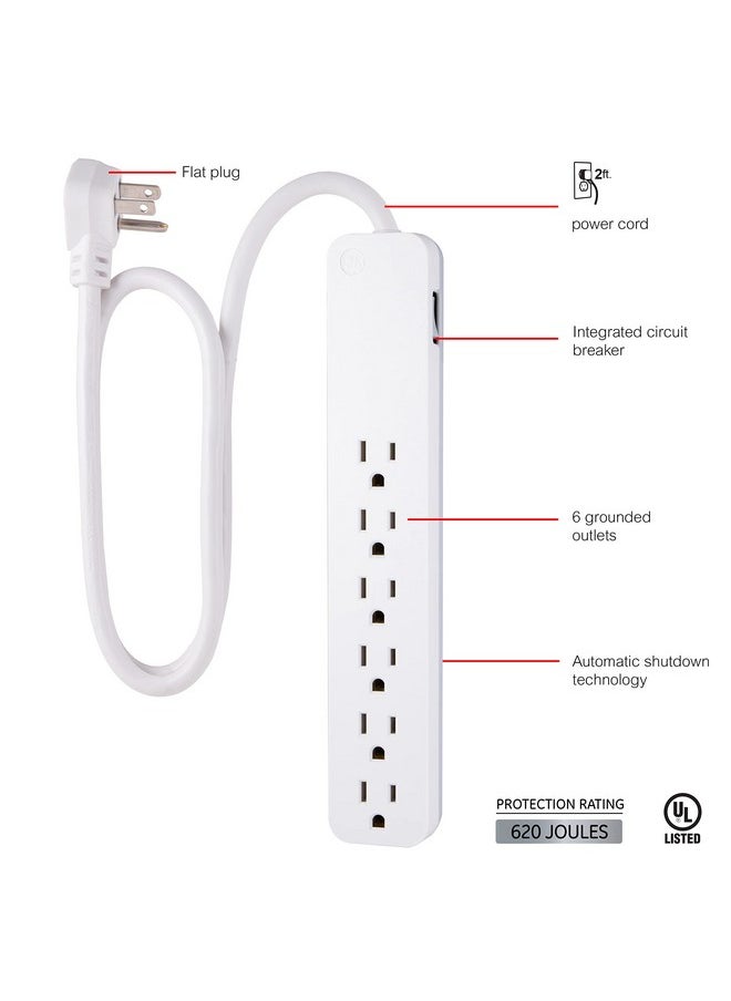 GE GE Pro 6-Outlet Surge Protector, 2 Ft Extension Cord, 620 Joules, Power Strip, Flat Plug, Integrated Circuit Breaker, Wall Mount, UL Listed, White, 40532  - Image 1