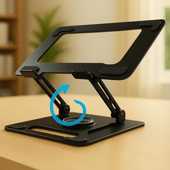 3-in-1 Portable Laptop Stand – Adjustable Height & Angle, 360° Rotating Base, Foldable Aluminum Holder for 10-17” Laptops (Black)