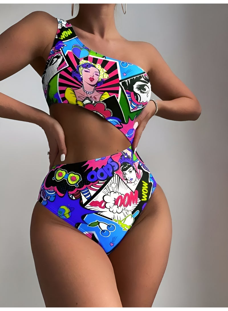 شارلي ملابس سباحة نسائية من قطعة واحدة - مونوكيني بكتف واحد وفتحات وطبعة كوميدية بوب آرت - ملابس سباحة مثيرة عالية القطع للشاطئ وحمام السباحة والمنتجعات - ملابس سباحة عصرية لقضاء العطلات - نمط ريترو ملون - قماش مطاطي مريح - مثالي للمراهقات والنساء - قطعة مميزة لافتة للنظر - الكمية محدودة - Image 1