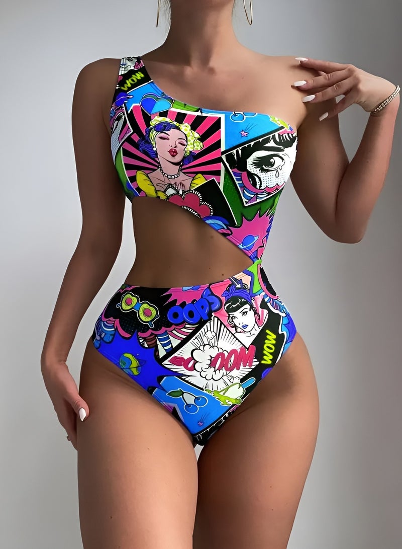 شارلي ملابس سباحة نسائية من قطعة واحدة - مونوكيني بكتف واحد وفتحات وطبعة كوميدية بوب آرت - ملابس سباحة مثيرة عالية القطع للشاطئ وحمام السباحة والمنتجعات - ملابس سباحة عصرية لقضاء العطلات - نمط ريترو ملون - قماش مطاطي مريح - مثالي للمراهقات والنساء - قطعة مميزة لافتة للنظر - الكمية محدودة - Image 2