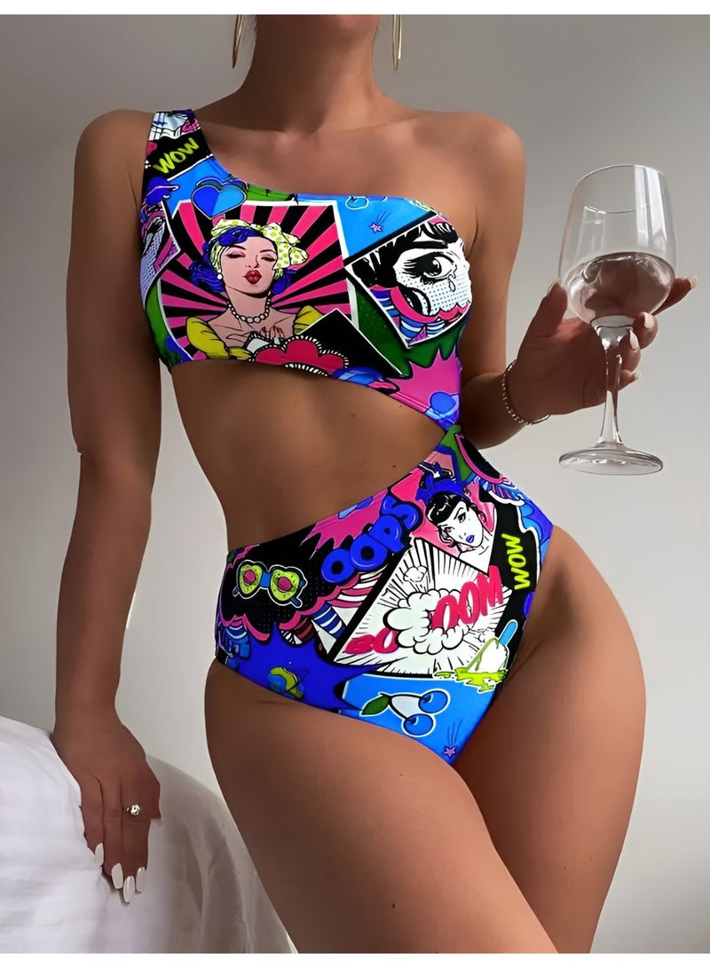 شارلي ملابس سباحة نسائية من قطعة واحدة - مونوكيني بكتف واحد وفتحات وطبعة كوميدية بوب آرت - ملابس سباحة مثيرة عالية القطع للشاطئ وحمام السباحة والمنتجعات - ملابس سباحة عصرية لقضاء العطلات - نمط ريترو ملون - قماش مطاطي مريح - مثالي للمراهقات والنساء - قطعة مميزة لافتة للنظر - الكمية محدودة - Image 4
