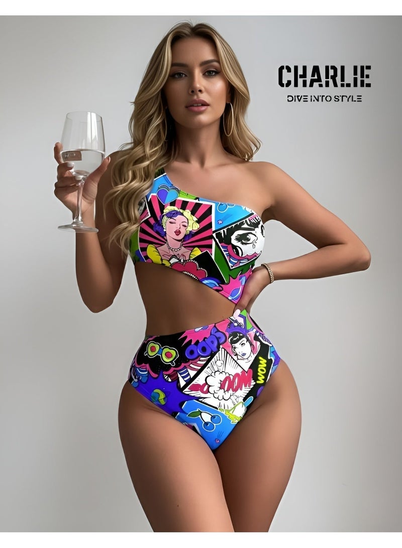 شارلي ملابس سباحة نسائية من قطعة واحدة - مونوكيني بكتف واحد وفتحات وطبعة كوميدية بوب آرت - ملابس سباحة مثيرة عالية القطع للشاطئ وحمام السباحة والمنتجعات - ملابس سباحة عصرية لقضاء العطلات - نمط ريترو ملون - قماش مطاطي مريح - مثالي للمراهقات والنساء - قطعة مميزة لافتة للنظر - الكمية محدودة - Image 4