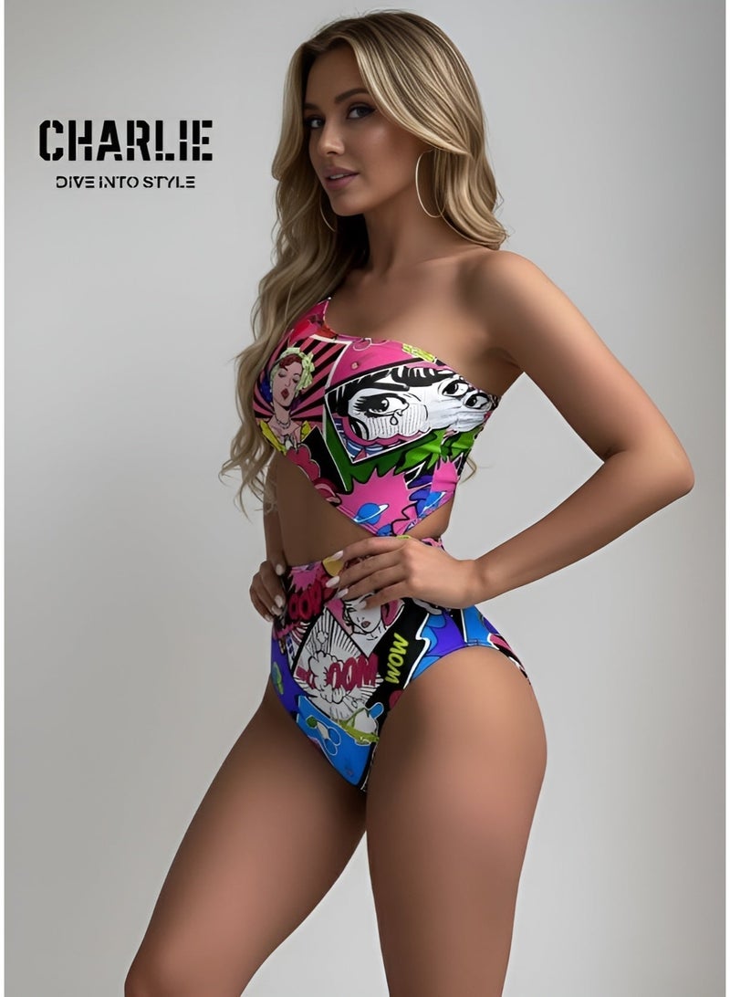 شارلي ملابس سباحة نسائية من قطعة واحدة - مونوكيني بكتف واحد وفتحات وطبعة كوميدية بوب آرت - ملابس سباحة مثيرة عالية القطع للشاطئ وحمام السباحة والمنتجعات - ملابس سباحة عصرية لقضاء العطلات - نمط ريترو ملون - قماش مطاطي مريح - مثالي للمراهقات والنساء - قطعة مميزة لافتة للنظر - الكمية محدودة - Image 2