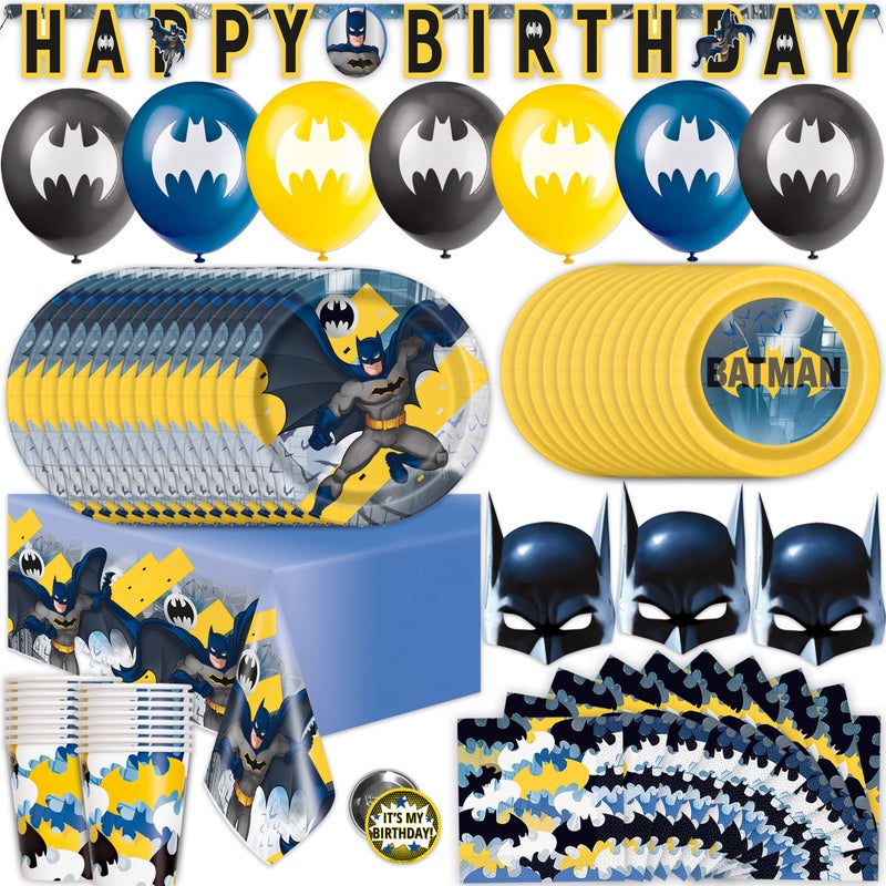 Unique Batman Birthday Decorations and Party Supplies | Serves 16 Guests | Balloons, Banner, Table Cover, Masks, Plates, Cake Plates, Napkins, Cups, Button | Officially Licensed - Image 1