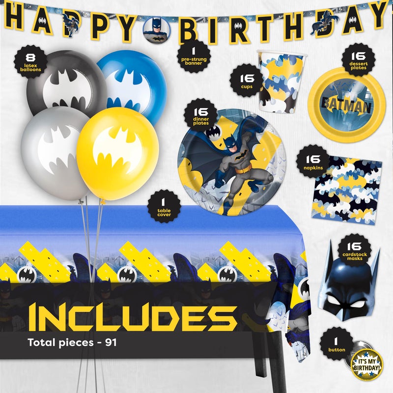 Unique Batman Birthday Decorations and Party Supplies | Serves 16 Guests | Balloons, Banner, Table Cover, Masks, Plates, Cake Plates, Napkins, Cups, Button | Officially Licensed - Image 2