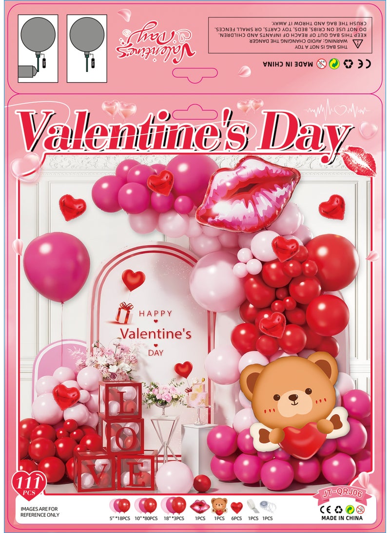 Valentine's Day Balloon Decoration Set, Pink and Red Heart Balloons with Bear and Lips Foil Balloons, Party Supplies Kit, 111 Pieces - Image 2
