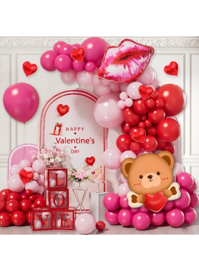 Valentine's Day Balloon Decoration Set, Pink and Red Heart Balloons with Bear and Lips Foil Balloons, Party Supplies Kit, 111 Pieces - Image 1