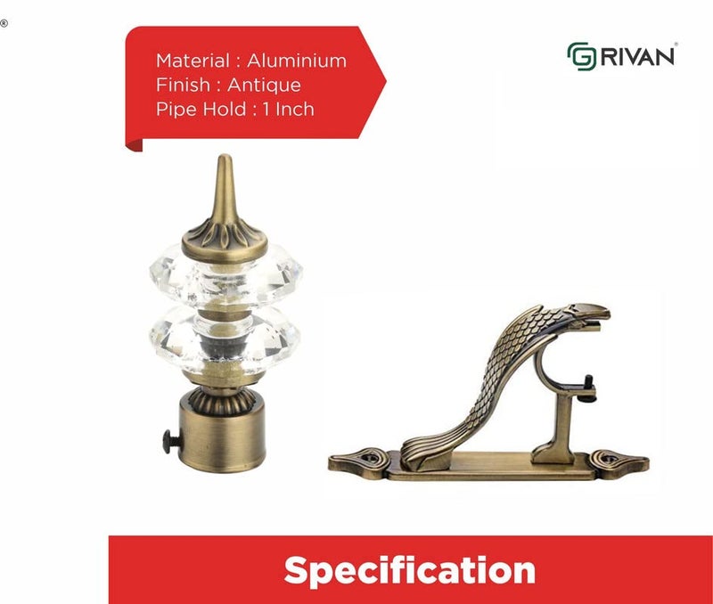 GRIVAN Double Diamond Aluminium Curtain Brackets Parda Holders with Support Fittings 1 Inch Rod Pocket Finials Designer Door and Window Antique Pair of 6 - Image 2