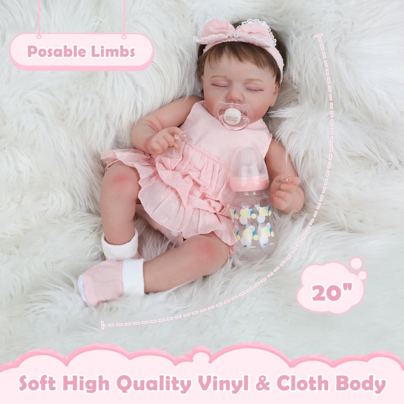KSBD Reborn Baby Dolls Girl - 20 Inch Realistic Sleeping Newborn Baby Doll, Lifelike Handmade Cloth Body Soft Weighted Reborn Doll, Advanced Painted Gift Set for Kids Age 3+ - Image 3