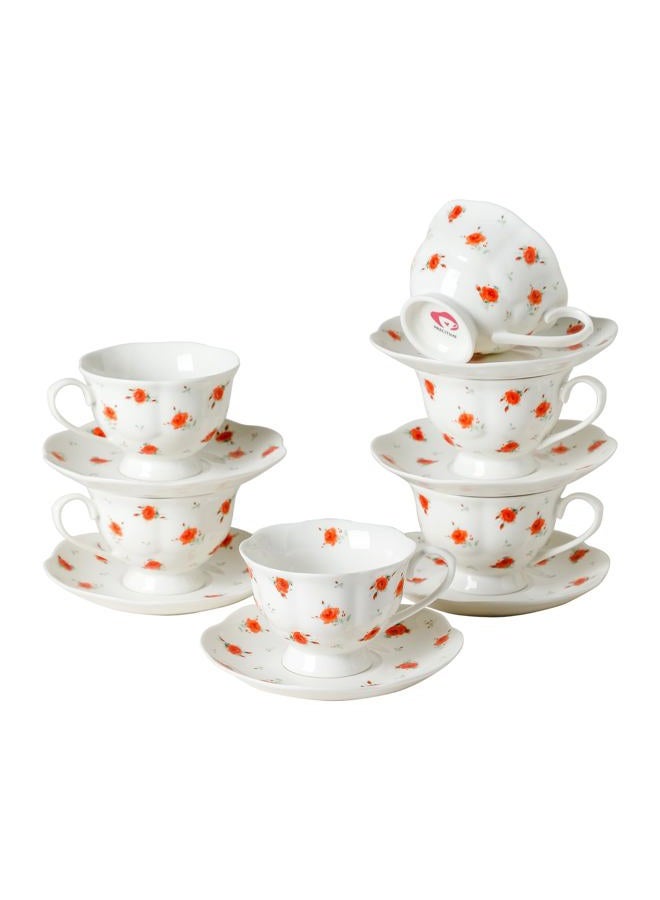PRECITIME 12-Piece Porcelain Tea Cup Set, 6 Cups & 6 Saucers with Classic Rose Pattern, Ceramic 6oz Scalloped Cups, Dishwasher & Microwave Safe - Image 1