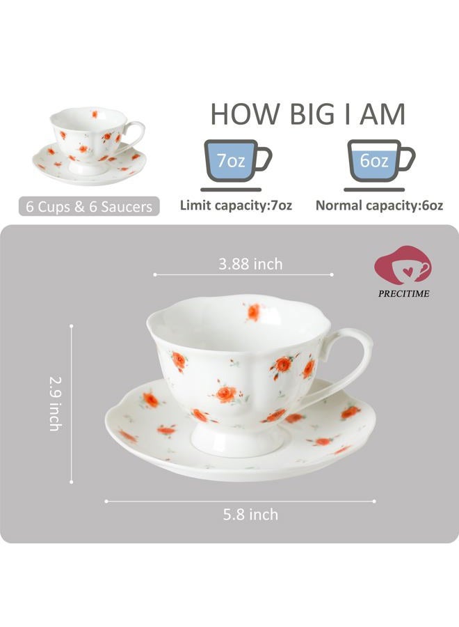 PRECITIME 12-Piece Porcelain Tea Cup Set, 6 Cups & 6 Saucers with Classic Rose Pattern, Ceramic 6oz Scalloped Cups, Dishwasher & Microwave Safe - Image 2