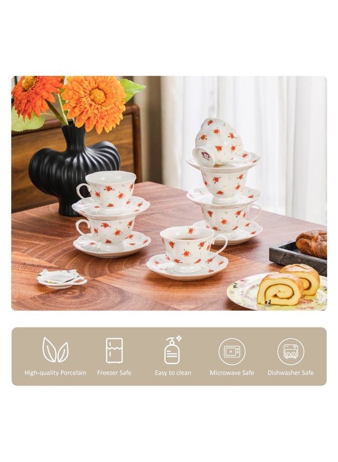 PRECITIME 12-Piece Porcelain Tea Cup Set, 6 Cups & 6 Saucers with Classic Rose Pattern, Ceramic 6oz Scalloped Cups, Dishwasher & Microwave Safe - Image 3