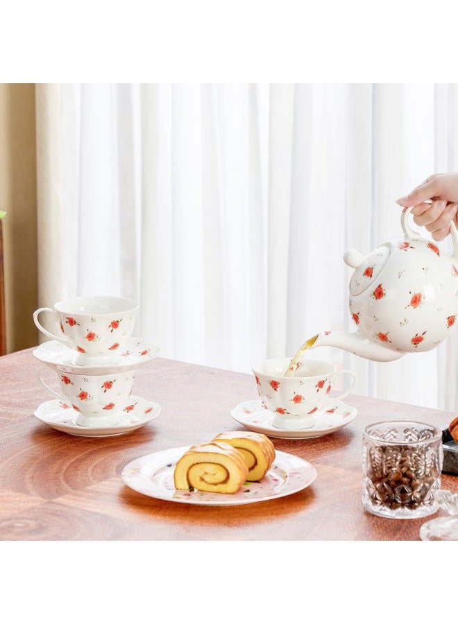 PRECITIME 12-Piece Porcelain Tea Cup Set, 6 Cups & 6 Saucers with Classic Rose Pattern, Ceramic 6oz Scalloped Cups, Dishwasher & Microwave Safe - Image 4