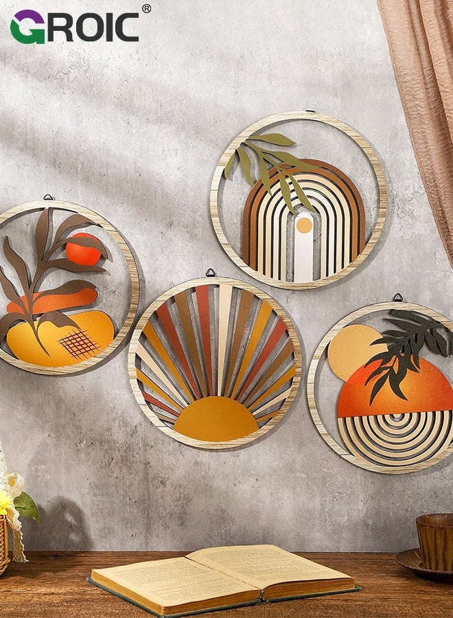 GROIC 4 قطع ديكور حائط بوهيمي، ديكور حمام دائري خشبي مزرعة، فن معلق مجوف لديكور الحضانة، تصميم بسيط لهدية غرفة نوم شقة، فن حائط خشبي حديث ذو طابع ورقة وطبيعة، زينة خشبية عتيقة - Image 5
