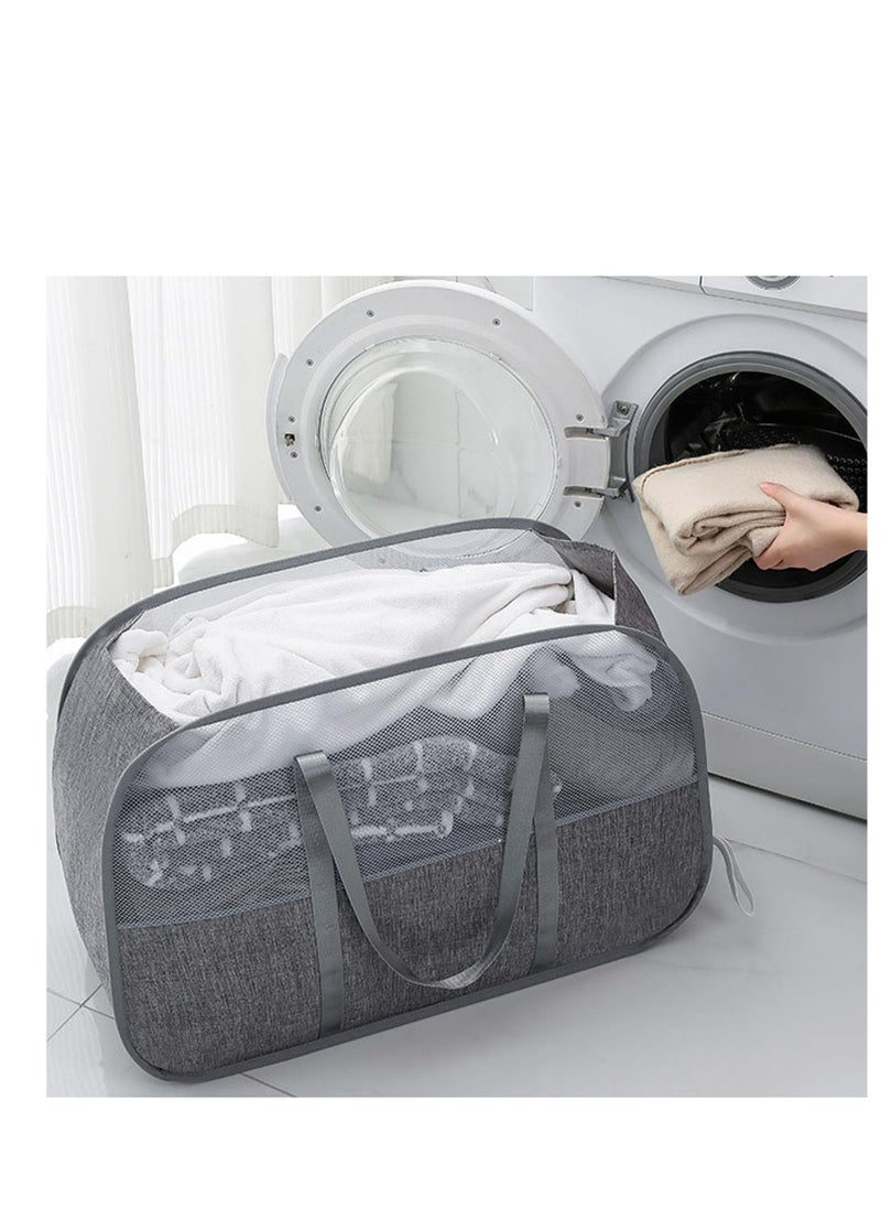 TYCOM Pop Up Laundry Mesh Hamper Basket 95L Storage Solution Compact Bin Mesh Collapsible Bag Laundry Hamper Collapsible Laundry Basket Rectangle Grey Small.  - Image 4