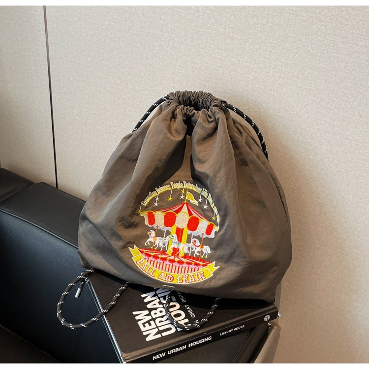 Japanese Style New Trendy Fashion Backpack Cute Cartoon Eco-Friendly Drawstring Large Capacity Embroidered Casual Student Bag