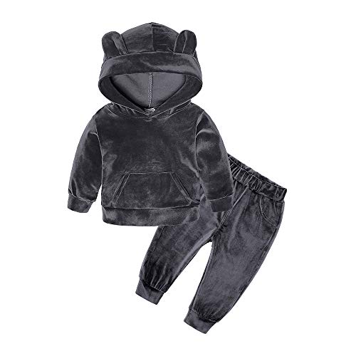 MYGBCPJS Boys Girls Cute 3D Ear Outfits Set Kids Hooded Fleece Pullover + Pants Gray - Image 1