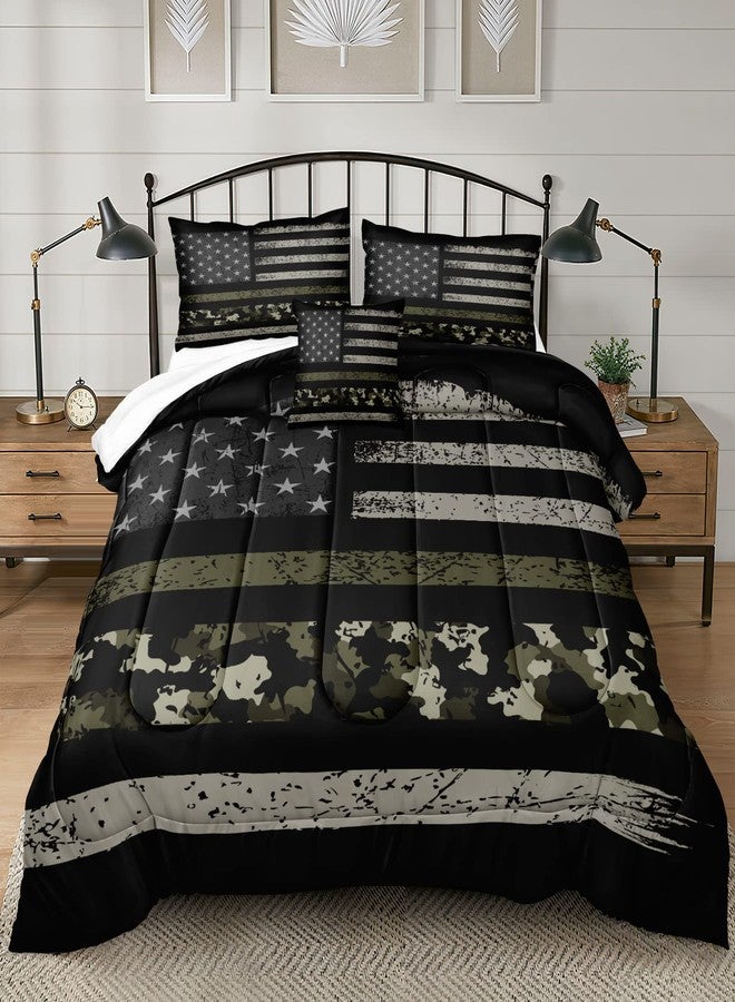 Bedbay American Flag Queen Comforter Set Camo Bedding Girls Boys Room Decor Camouflage Stars Stripes Flag Quilt Bedding Set Army Green Down Alternative Lightweight Comforter Queen 4 Pcs(Camo,Queen) - Image 1