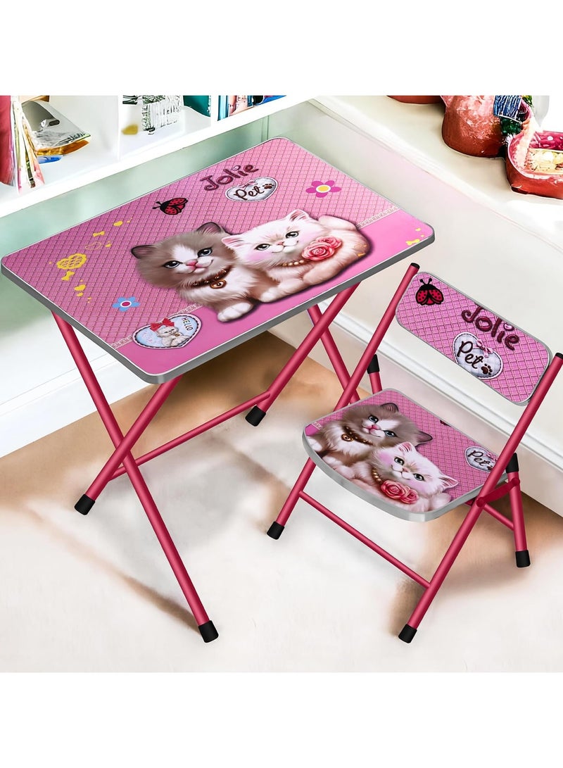DubaiGallery Kids Folding Table and 1 Chair Set Portable Study Desk Cartoon Themed Play Educational Furniture Easy Fold for Storage Ideal for Snacks Art Homework and Learning Nursery Growing with Your Baby Child 