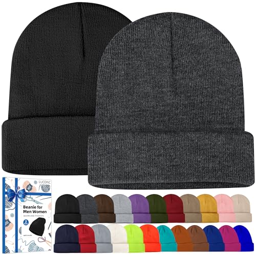 lucdnc Beanies for Men Women 2 Pack Fall Winter Men's Hats Unisex Warm Knit Skullies Beanies Soft Ski Caps Black and Dark Gray - Image 1