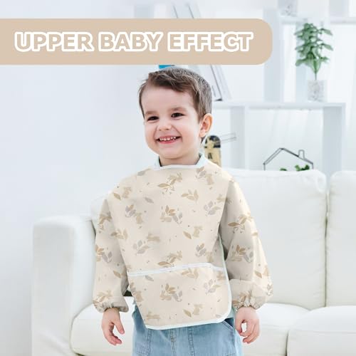 Little Dimsum Full Sleeved Feeding Bib 2 Pack,Baby & Toddler Waterproof Bib Apron,Food Protection Large Pocket Eating Smock 6-36 Months(Yellow Rabbit&Blue leaves) - Image 3