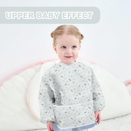 Little Dimsum Full Sleeved Feeding Bib 2 Pack,Baby & Toddler Waterproof Bib Apron,Food Protection Large Pocket Eating Smock 6-36 Months(Yellow Rabbit&Blue leaves) - Image 2