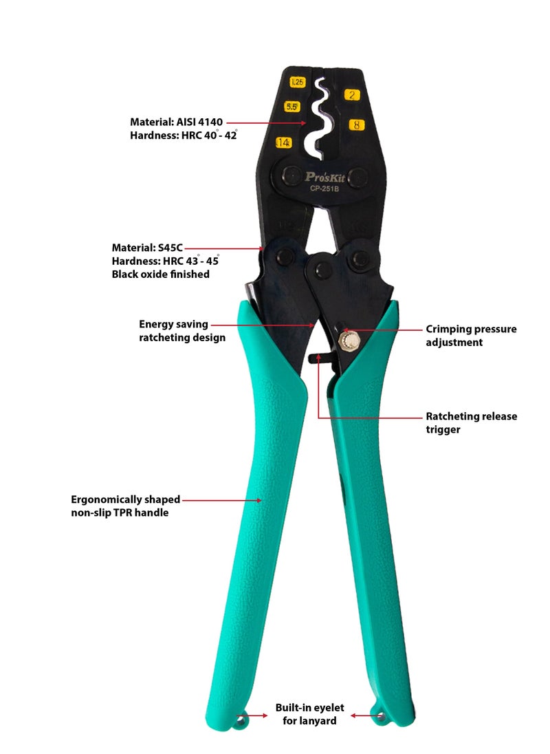Proskit - Ratchet Crimping Tool for Non-Insulated Terminals, Force-Saving Design, AWG 22-6 - Image 1