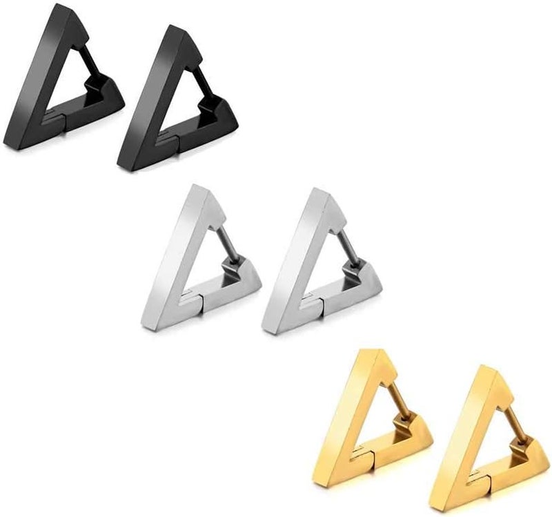 erorex 3Pcs Triangular Earrings, Stainless Steel Hoop Stud Earrings Set for Women Men, Triangle Shape Design Dangle Earrings(Black, Steel, Gold)