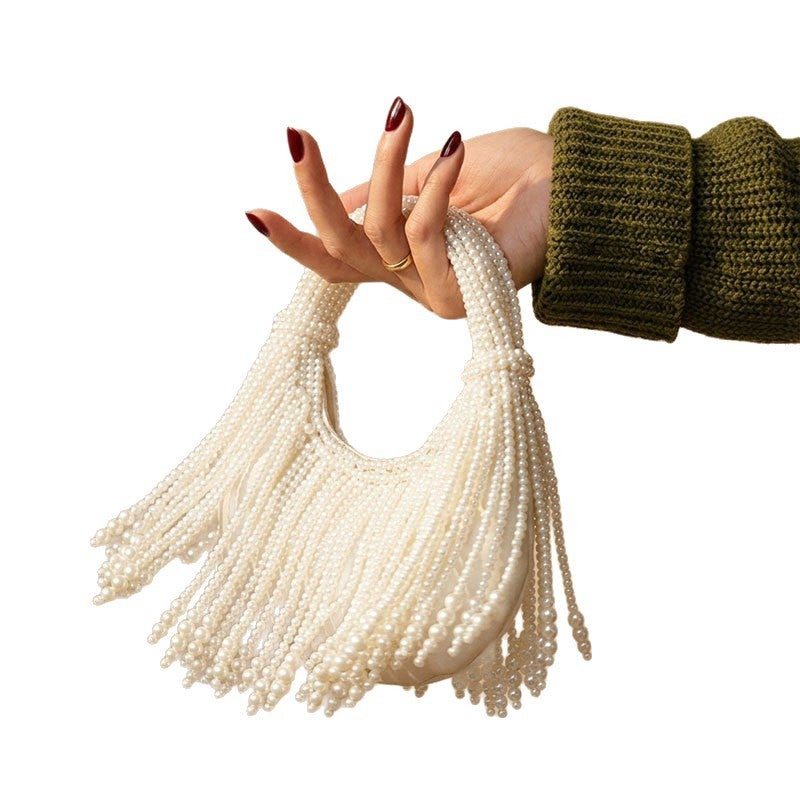 French Style Pearl Beaded Handbag, Handwoven Pure White - Image 5