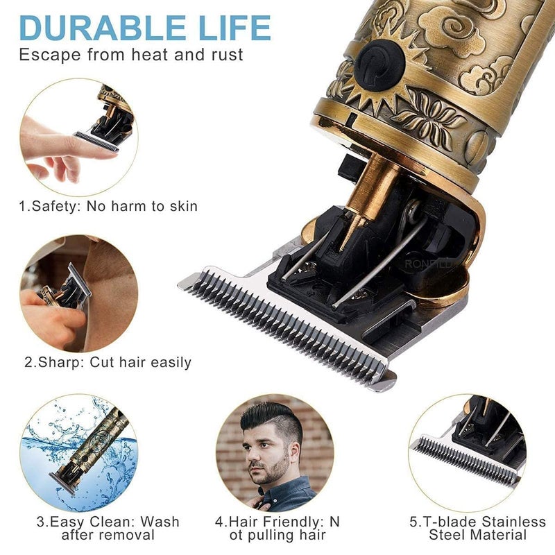 RONFILD Electric Rechargeable Hair Trimmer for Men Grooming Shaver For Men Professional Hair Clipper Retro Oil Head Close Cut Precise hair Trimming Machine Metallic Gold Pack of 1 - Image 4