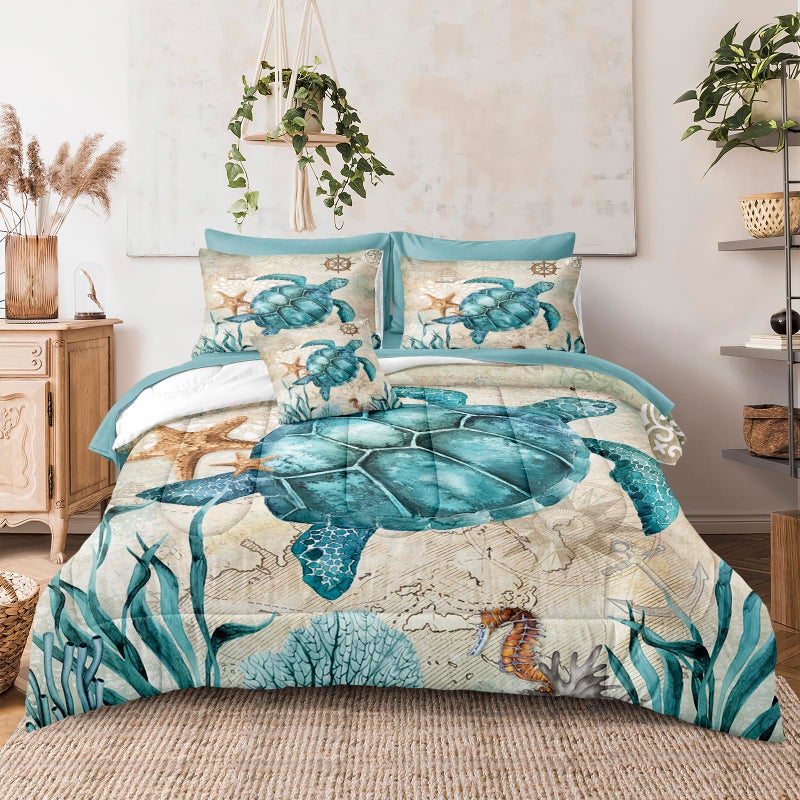 Merryword 8 Pieces Blue Green Comforter Set Queen Size Ocean Life Bed in a Bag Turtle Beach Bedding Set Hawaii Style Summer Lightweight Bedding Comforter Set - Image 1