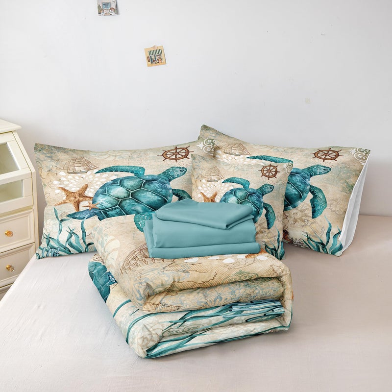 Merryword 8 Pieces Blue Green Comforter Set Queen Size Ocean Life Bed in a Bag Turtle Beach Bedding Set Hawaii Style Summer Lightweight Bedding Comforter Set - Image 4