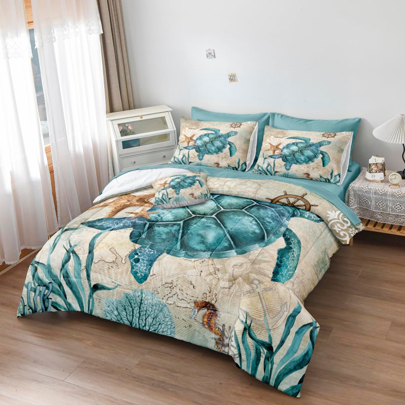 Merryword 8 Pieces Blue Green Comforter Set Queen Size Ocean Life Bed in a Bag Turtle Beach Bedding Set Hawaii Style Summer Lightweight Bedding Comforter Set - Image 2