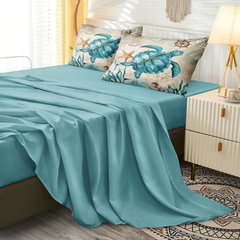 Merryword 8 Pieces Blue Green Comforter Set Queen Size Ocean Life Bed in a Bag Turtle Beach Bedding Set Hawaii Style Summer Lightweight Bedding Comforter Set - Image 3