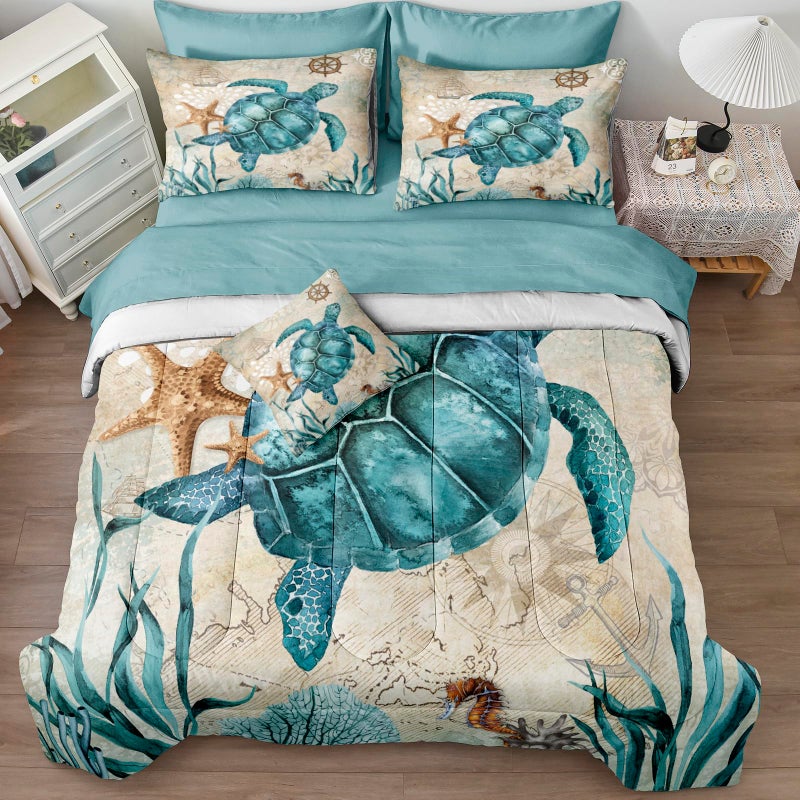 Merryword 8 Pieces Blue Green Comforter Set Queen Size Ocean Life Bed in a Bag Turtle Beach Bedding Set Hawaii Style Summer Lightweight Bedding Comforter Set - Image 5