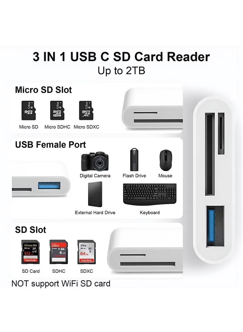 DPTER Multifunctional 3-in-1 USB C SD Card Reader,Type-C Card Reader for USB C Device ,TF Card Adapter Support Dual Read and Write, 3 in 1 USB C to USB Camera Memory Card Reader Adapter for New Pad Pro MacBook Pro and More UBC C Devices, White - Image 2