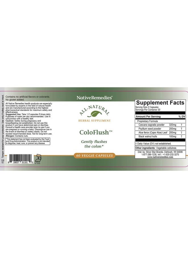 Native Remedies - ColoFlush - All Natural Herbal Supplement for Gentle Flushing of The Colon - Supports Healthy Functioning of The Digestive System - 60 Veggie Caps - Image 1