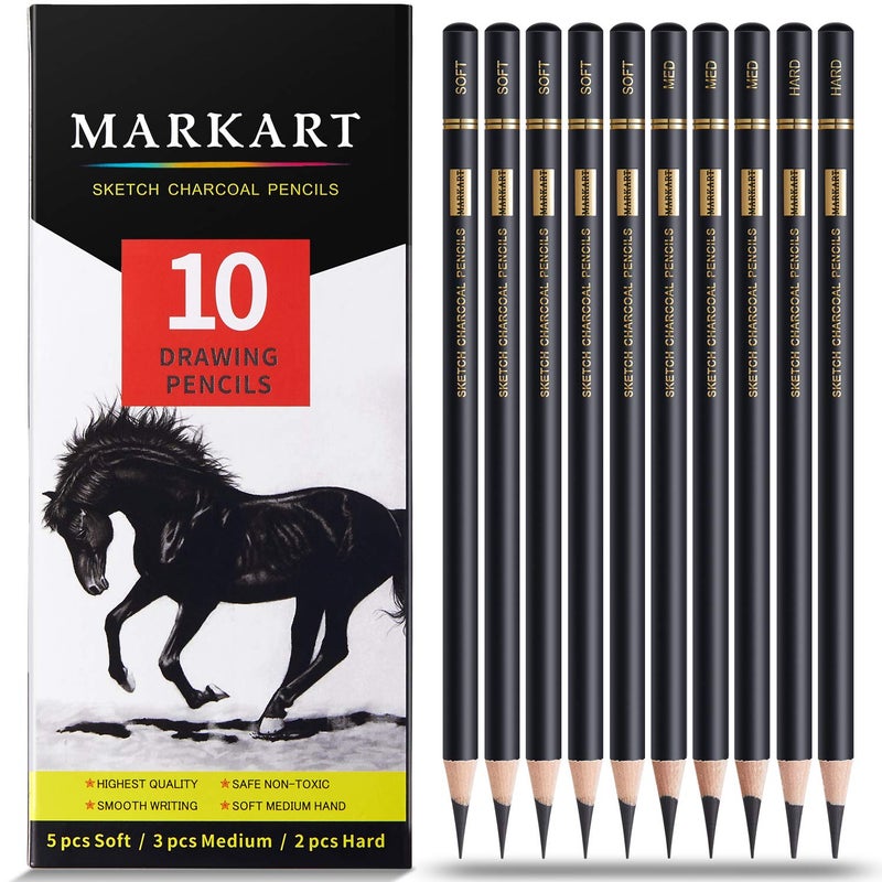 MARKART Professional Charcoal Pencils Drawing Set 10 Pieces Soft Medium and Hard Charcoal Pencils for Drawing Sketching Shading