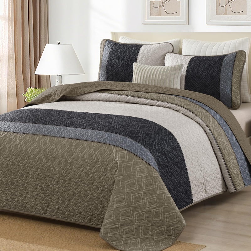 Cottolester King Size Quilt Set 3 Pieces,Striped Plaid Bedspread Coverlet Set,Taupe Boho Bedding Set Soft Microfiber Bedding Set with 2 Pillow Shams 110"x90" - Image 1