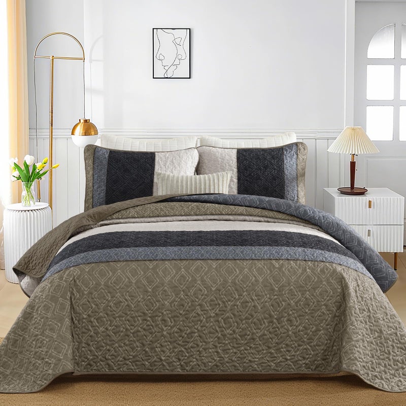 Cottolester King Size Quilt Set 3 Pieces,Striped Plaid Bedspread Coverlet Set,Taupe Boho Bedding Set Soft Microfiber Bedding Set with 2 Pillow Shams 110"x90" - Image 2