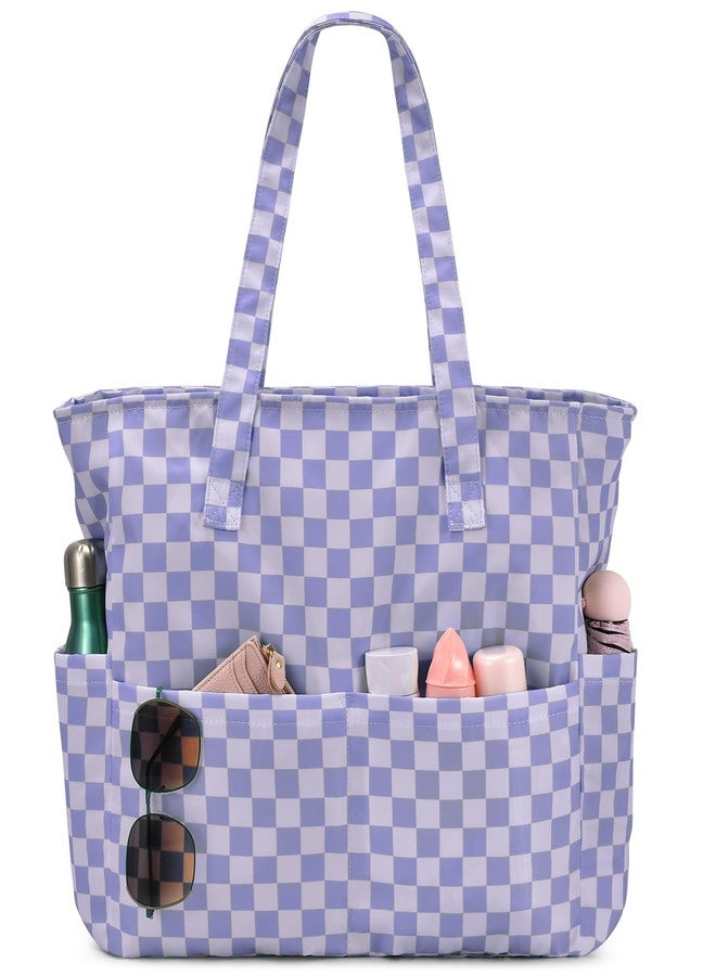 oscaurt Beach Bags for Women Large Waterproof Sandproof Beach Tote Swim Pool Bag with Zipper for Travel Vacation Essentials, Purple Plaid, Large, Tote Bag - Image 1
