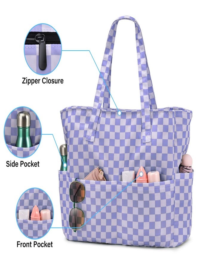 oscaurt Beach Bags for Women Large Waterproof Sandproof Beach Tote Swim Pool Bag with Zipper for Travel Vacation Essentials, Purple Plaid, Large, Tote Bag - Image 2