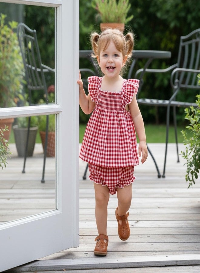 Yoawdats Toddler Infant Girl Clothes Plaid Ruffle Sleeveless Tops Bloomer 2PCS Suit Baby Girl Summer Outfits 0-24 Months (Red a, 12-18 Months) - Image 2