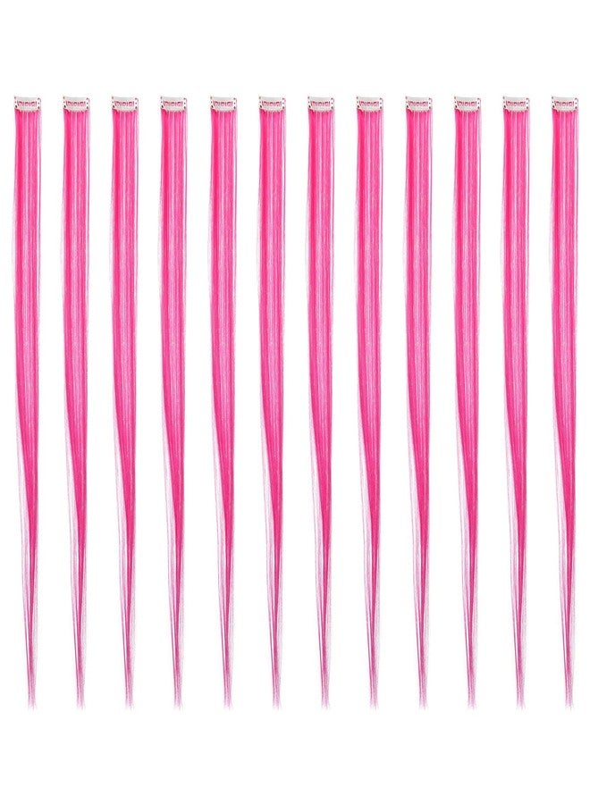 SWACC 12 Pcs Straight One Color Party Highlights Clip on in Hair Extensions For Women Colored Hair Streak Synthetic Hairpieces (Neon Pink) - Image 1