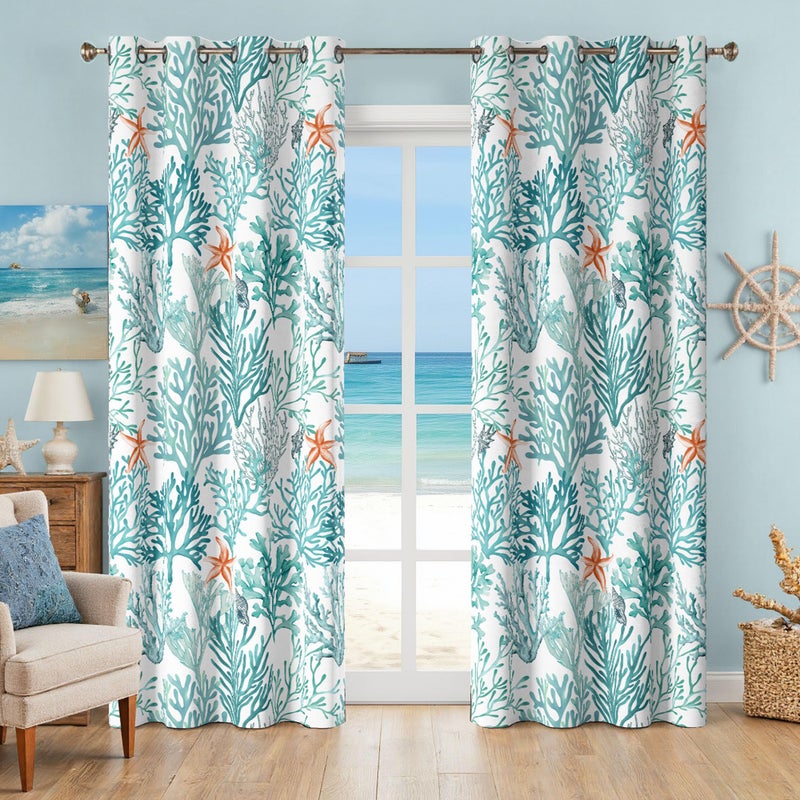 Tritard Nautical Coastal Curtains Grommet Drapes Beach Coral Themed Thermal Insulating 50% Light Blocking Privacy Window Darkening Curtain for Living Room, Bedroom 2 Panels Set, 52x84 Inches, Turquoise - Image 1