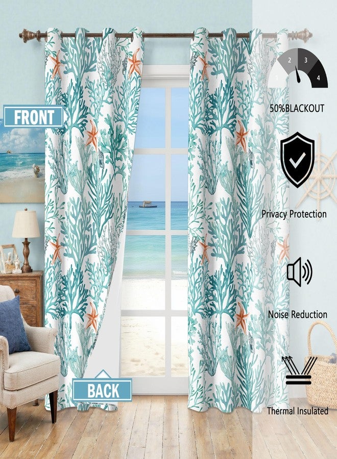 Tritard Nautical Coastal Curtains Grommet Drapes Beach Coral Themed Thermal Insulating 50% Light Blocking Privacy Window Darkening Curtain for Living Room, Bedroom 2 Panels Set, 52x84 Inches, Turquoise - Image 3