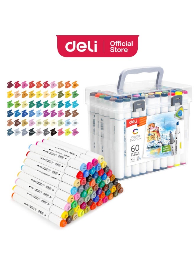 Deli Emotion Sketch Markers, 60 Colors, Art Drawing Set with Carry Case - Image 1