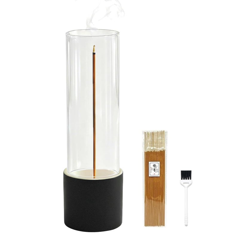 CEREMONY Incense Holder, Ceramic Incense Holder for Sticks with Glass Ash Catcher, Anti-ash Incense Burner with 20 Incense Sticks and a Ash Brush for Meditation Yoga Spa Room Decor (Black) - Image 1