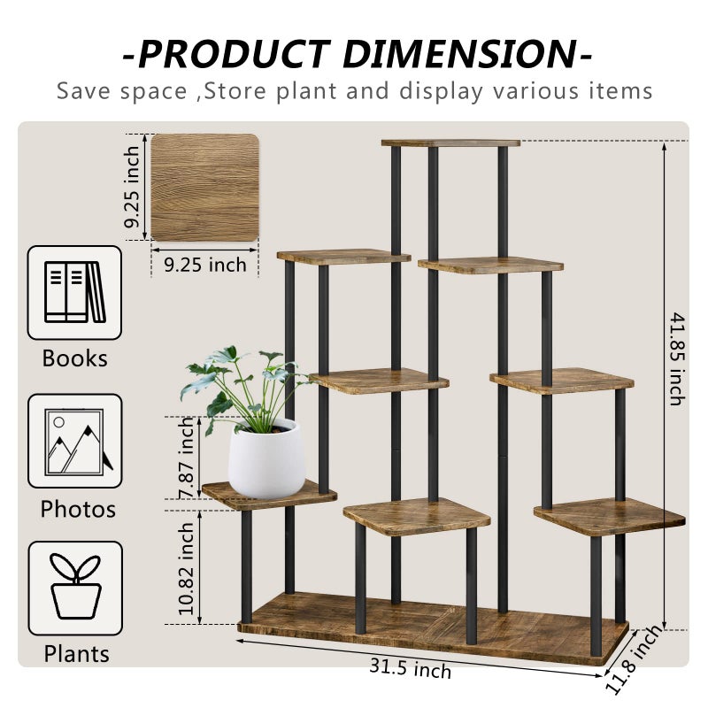 AZERPIAN Plant Stand 9 Tier Indoor Metal Flower Shelf for Multiple Plants Corner Tall Flower Holders for Patio Garden Living Room Balcony Bedroom, Black+Rustic Brown - Image 4