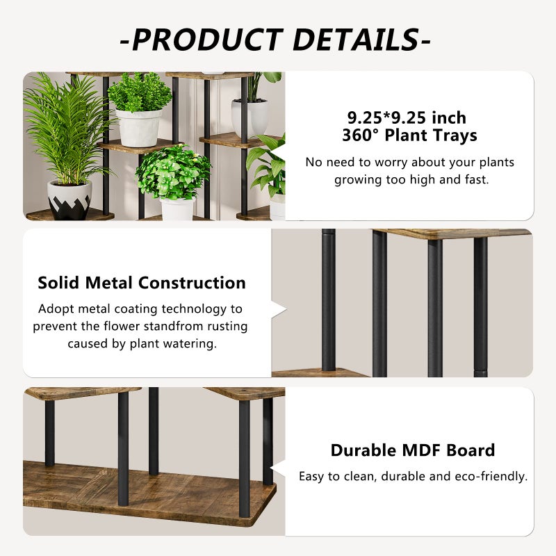 AZERPIAN Plant Stand 9 Tier Indoor Metal Flower Shelf for Multiple Plants Corner Tall Flower Holders for Patio Garden Living Room Balcony Bedroom, Black+Rustic Brown - Image 5